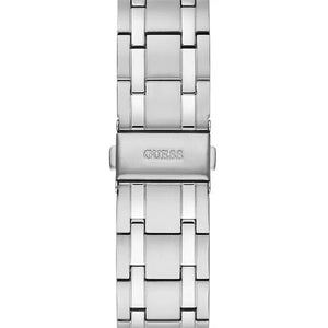 Silver stainless steel deployment clasp with Guess logo on the bracelet of the W0379G1