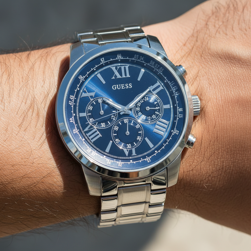 Close up shot of Guess Horizon W0379G3 watch on wrist showing the blue sunray dial and silver roman numerals