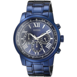 Angled view of the Guess W0379G5 highlighting the polished blue finish and 45mm case