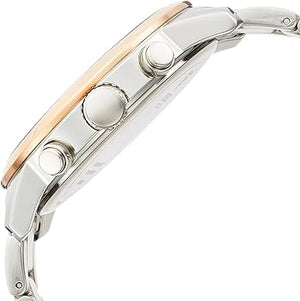 Left side perspective of the Guess Horizon W0379G7 two-tone link bracelet
