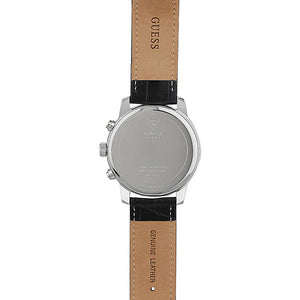 Back view of the Guess W0380G3 watch showing the stainless steel caseback and Horizon details