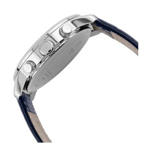 Side profile view of the 11mm thick silver stainless steel case of the Guess Horizon watch