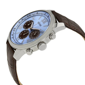 Clasp detail of the brown leather strap on Guess Horizon W0380G6