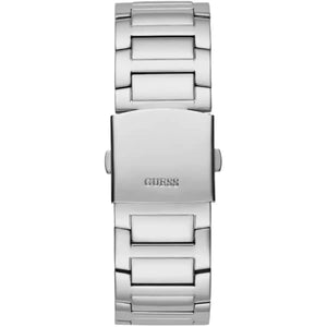 Silver stainless steel deployment clasp with Guess logo on the bracelet of the GW0497G1
