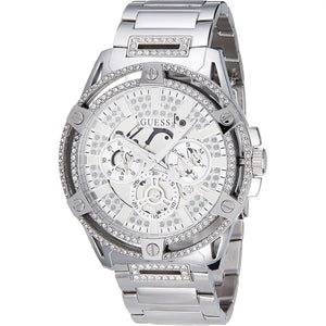 Close up shot of Guess King GW0497G1 watch on wrist showing the intricate skeleton dial and glitz details