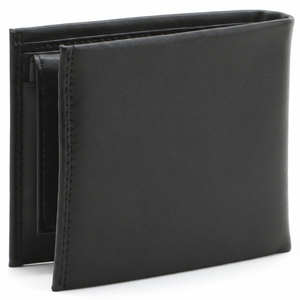 Rear view of a closed Guess men's black smooth leather bifold wallet showing the continuous premium texture and clean stitching details