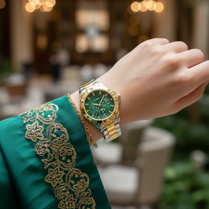 Female model wearing Guess Mist GW0723L1 two-tone watch with a modern chic outfit