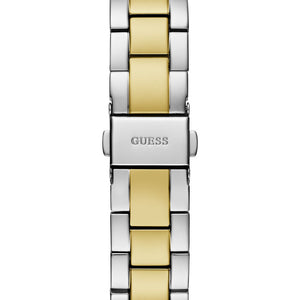 Two-tone stainless steel pilot buckle clasp with Guess logo on the bracelet of the GW0723L1