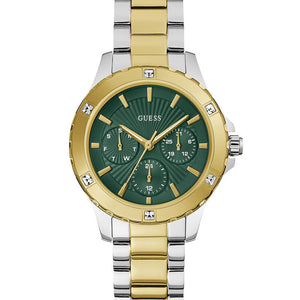 Guess Mist GW0723L1 ladies watch with two-tone silver and gold stainless steel bracelet and green dial