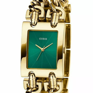 Angled view of the Guess GW0740L2 highlighting the polished gold bezel and green dial depth