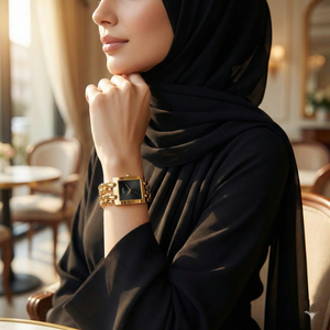Woman wearing Guess Mod Heavy Metal U1117L5 gold and black watch with an elegant evening outfit