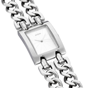 Angled view of the Guess W1117L1 highlighting the smooth silver bezel and rectangular shape