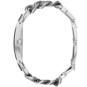 Detailed side view of the silver crown on the Guess W1117L1