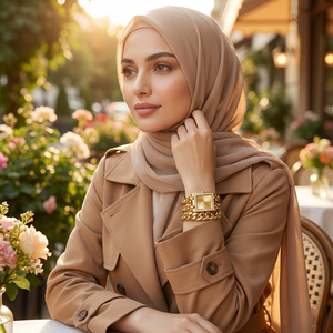 Woman wearing Guess Mod Heavy Metal W1117L2 gold watch with a chic modern outfit