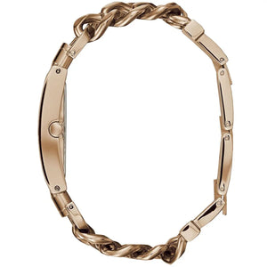 Angled view of the Guess W1117L3 highlighting the smooth rose gold bezel and rectangular shape