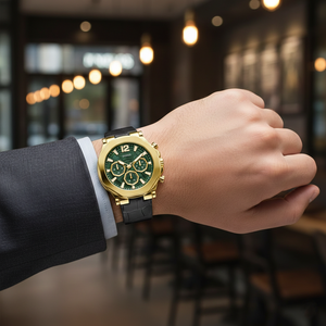 Male model wearing Guess Momentum GW0492G3 gold and green watch with a classy leather strap outfit