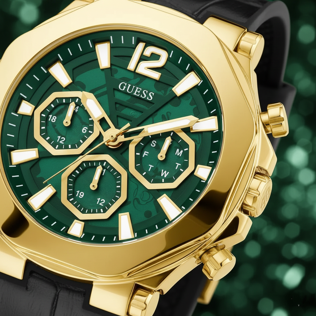 Close up shot of Guess Momentum GW0492G3 watch on wrist showing the green dial and leather texture