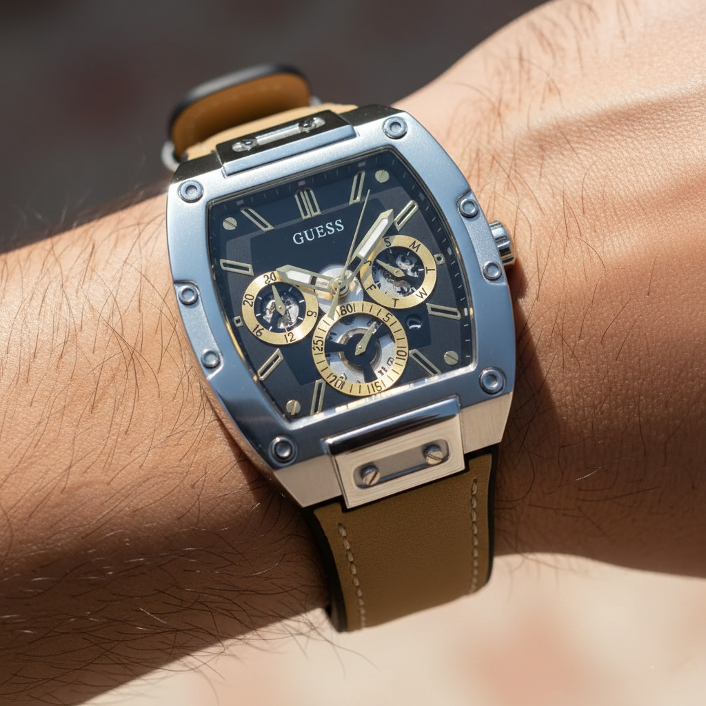 Close up shot of Guess Phoenix GW0202G3 watch on wrist showing the black skeleton dial and brown strap