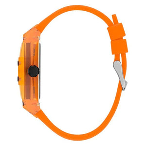 Left side perspective of the Guess Phoenix GW0203G10 orange rubber strap connection