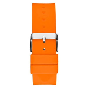 Black stainless steel buckle clasp on the orange rubber strap of the GW0203G10