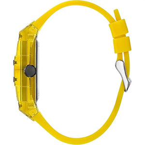 Side profile view of the 11mm thick translucent polycarbonate case of the Guess Phoenix watch