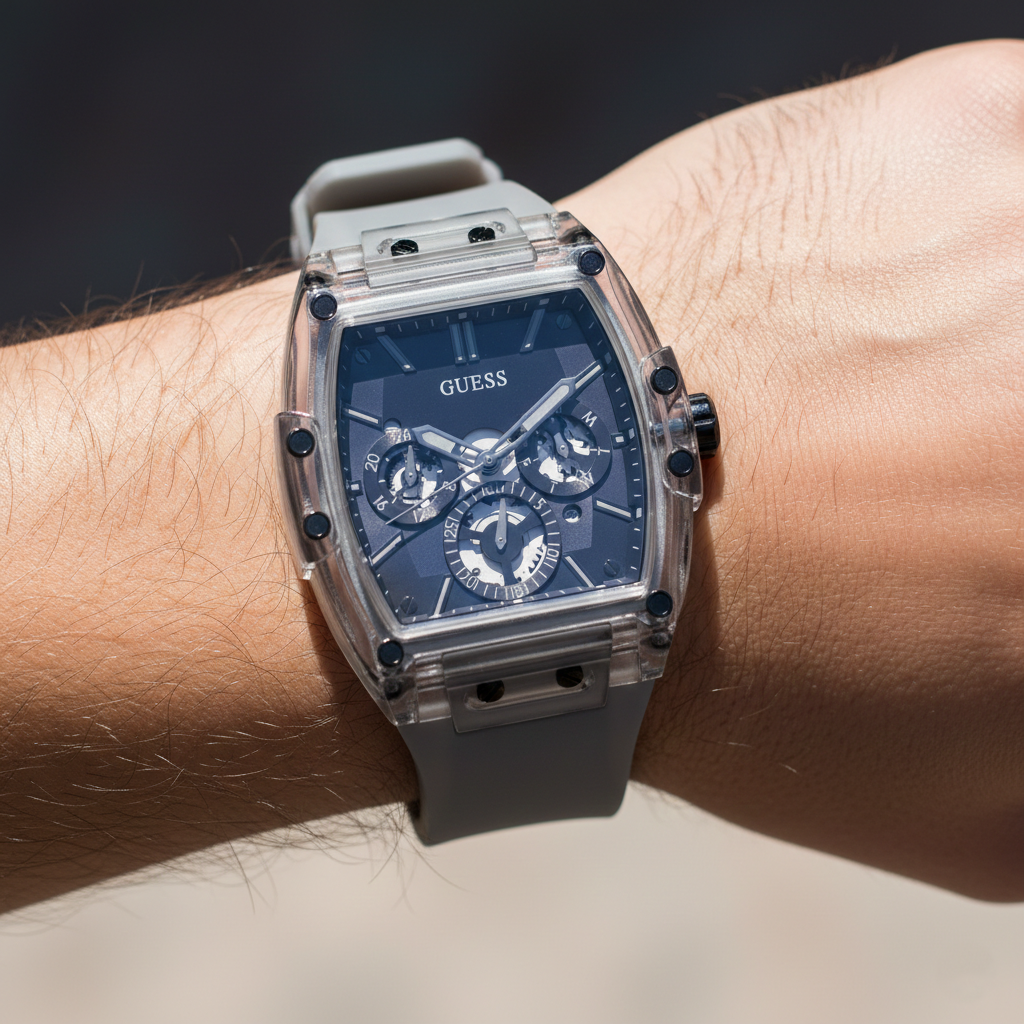 Close up shot of Guess Phoenix GW0203G9 watch on wrist showing the semi-skeleton grey dial details