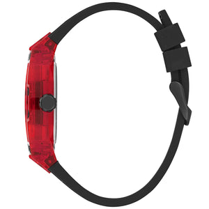 Left side perspective of the Guess Phoenix GW0499G4 black dial and red contrast stitching on the strap