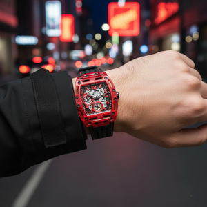 Male model wearing Guess Phoenix GW0499G4 red transparent watch with a casual black outfit
