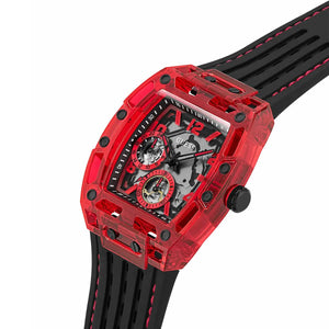 Side profile view of the 12.6mm thick red transparent case of the Guess Phoenix