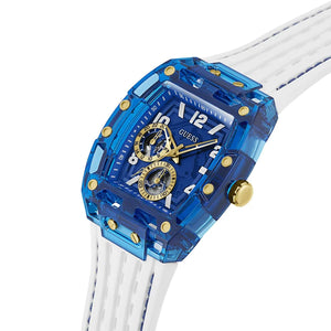 Left side perspective of the Guess Phoenix GW0499G6 blue dial and blue contrast stitching on the strap