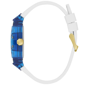 Side profile view of the 13mm thick blue transparent case of the Guess Phoenix