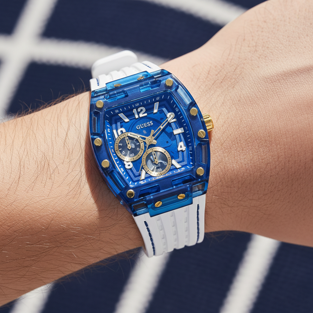 Close up shot of Guess Phoenix GW0499G6 watch on wrist showing the blue multifunction dial and gold screw details