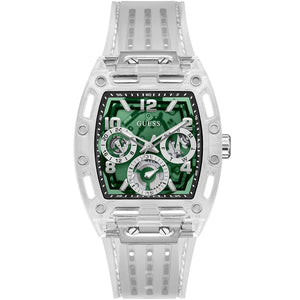 Guess Phoenix GW0499G8 men's watch with transparent case and green skeleton dial