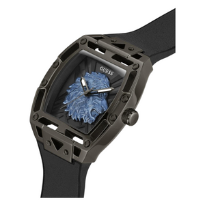Left side perspective of the Guess Phoenix Lion Head GW0595G2 black dial and silicone band