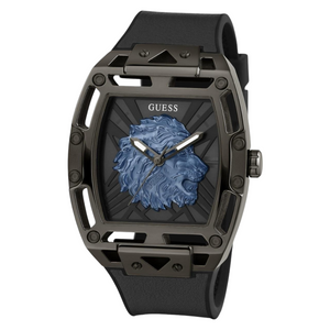 Angled view of the Guess GW0595G2 highlighting the 3D depth of the blue lion head and black case screws