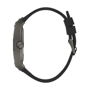 Detailed side view of the black crown and barrel-shaped case edge on the Guess GW0595G2
