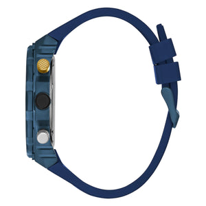 Angled view of the Guess GW0443G1 highlighting the rotating bezel and gold screw accents