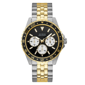 Front view of Guess U1107G6M watch with black dial and two-tone metal strap