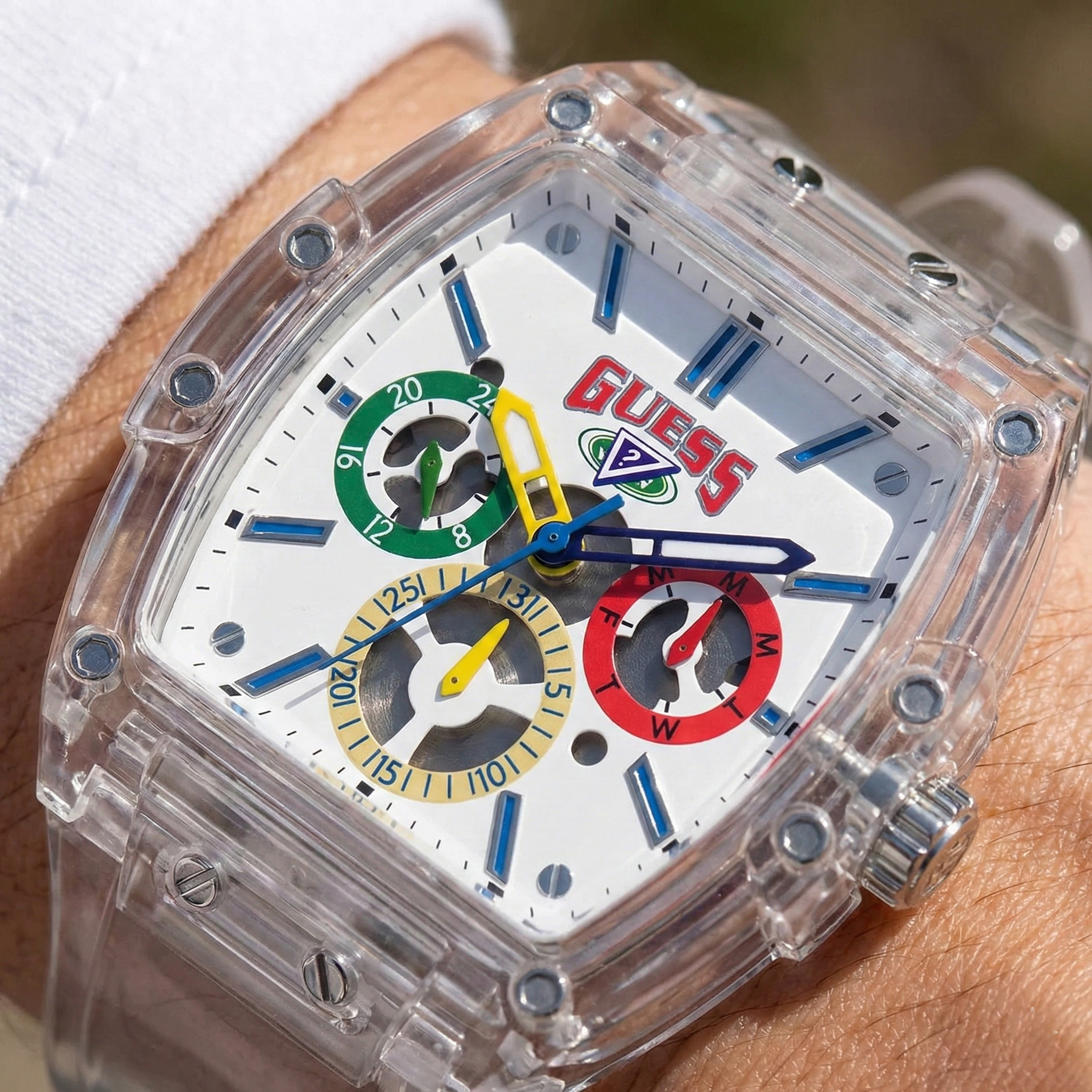 Close up shot of Guess V1051M1 on wrist highlighting the retro colorful subdials