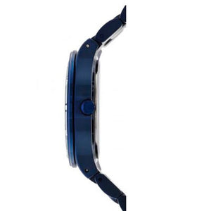 Detailed side view of the blue crown and pushers on the Guess W0027L3