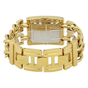 Side profile view of the 9mm gold-tone rectangular case of the Guess W0072L1