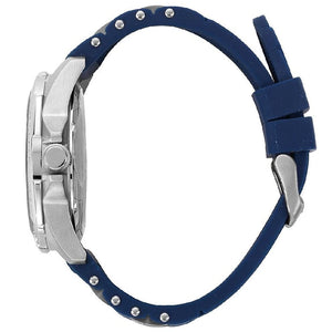 Detailed side view of the silver crown and protectors on the Guess W0366G2 case