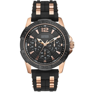 Guess Oasis W0366G3 men's watch with black case and rubber strap with gold inserts