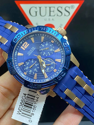 Authentic real-life photo of the Guess W0366G4 showing actual blue and rose gold finish in Egypt