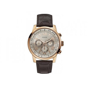Guess w0380g4 men's watch with champagne dial and brown leather strap front view