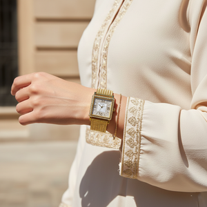 Female model wearing Guess W0826L2 gold square watch with a chic evening dress