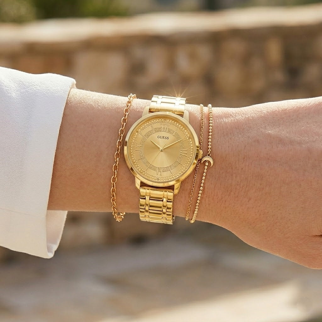 Close up shot of Guess W0933L2 on wrist showing the shimmering gold glitter dial and gold-tone hands