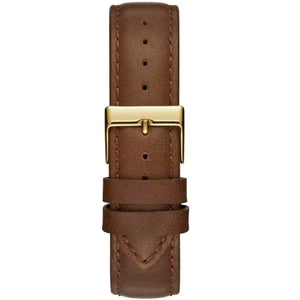 Gold-tone buckle on the genuine brown leather strap of the Guess W0934L3