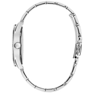 Detailed side view of the silver crown on the Guess W0987L1