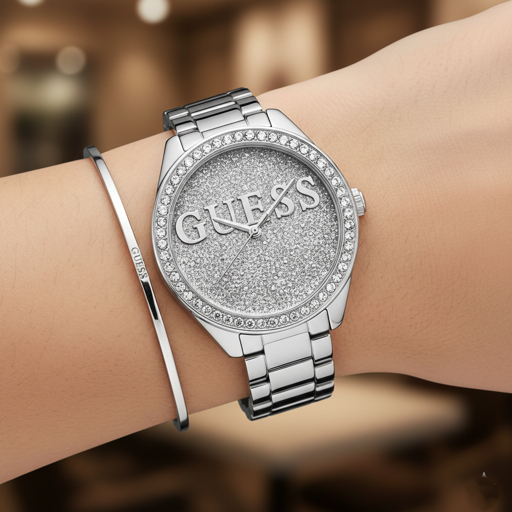 Close up shot of Guess W0987L1 watch on wrist showing the sparkling glitter dial and logo